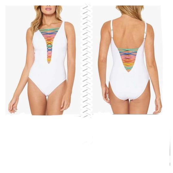 Bleu Rod Beattie White Swimsuit with Rainbow Lace Down One Piece Size 8 - Picture 1 of 8